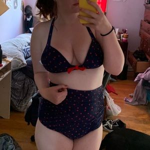 High waisted blue and red polka dot bikini